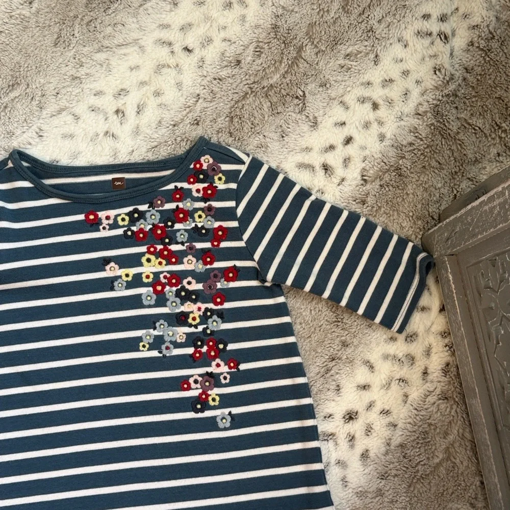 Tea Collection blue white striped dress girls size 6 floral embroidery holiday